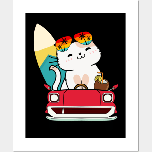 Surfer persian cat driving to the beach Posters and Art